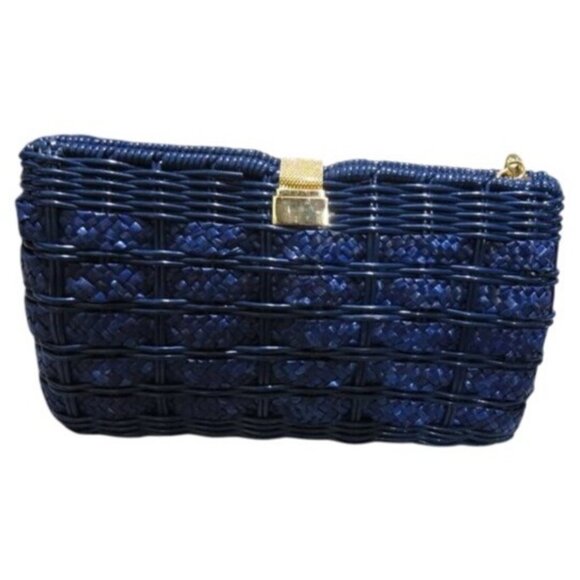 Moon Collection Handbags - Basket Weave Handbag Cobalt Sapphire Blue & Gold Hardware Chain Crossbody Clutch